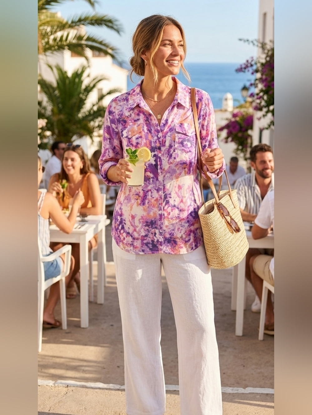 Relativity Purple Pink Orange Abstract Button-Up Blouse
